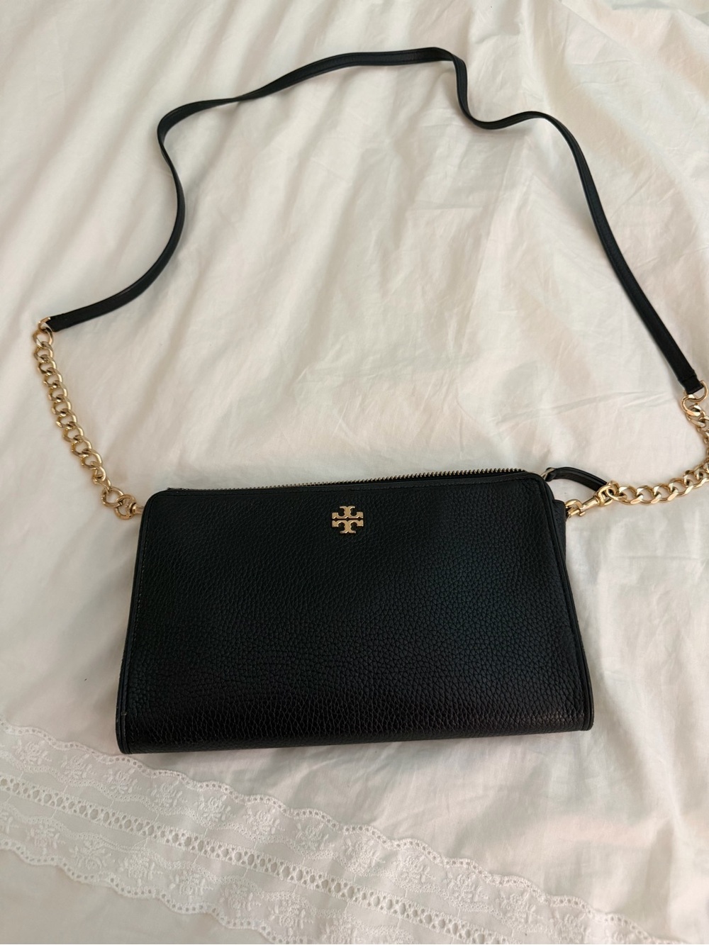 Tory Burch Black Pebbled Leather Crossbody with Gold Logo